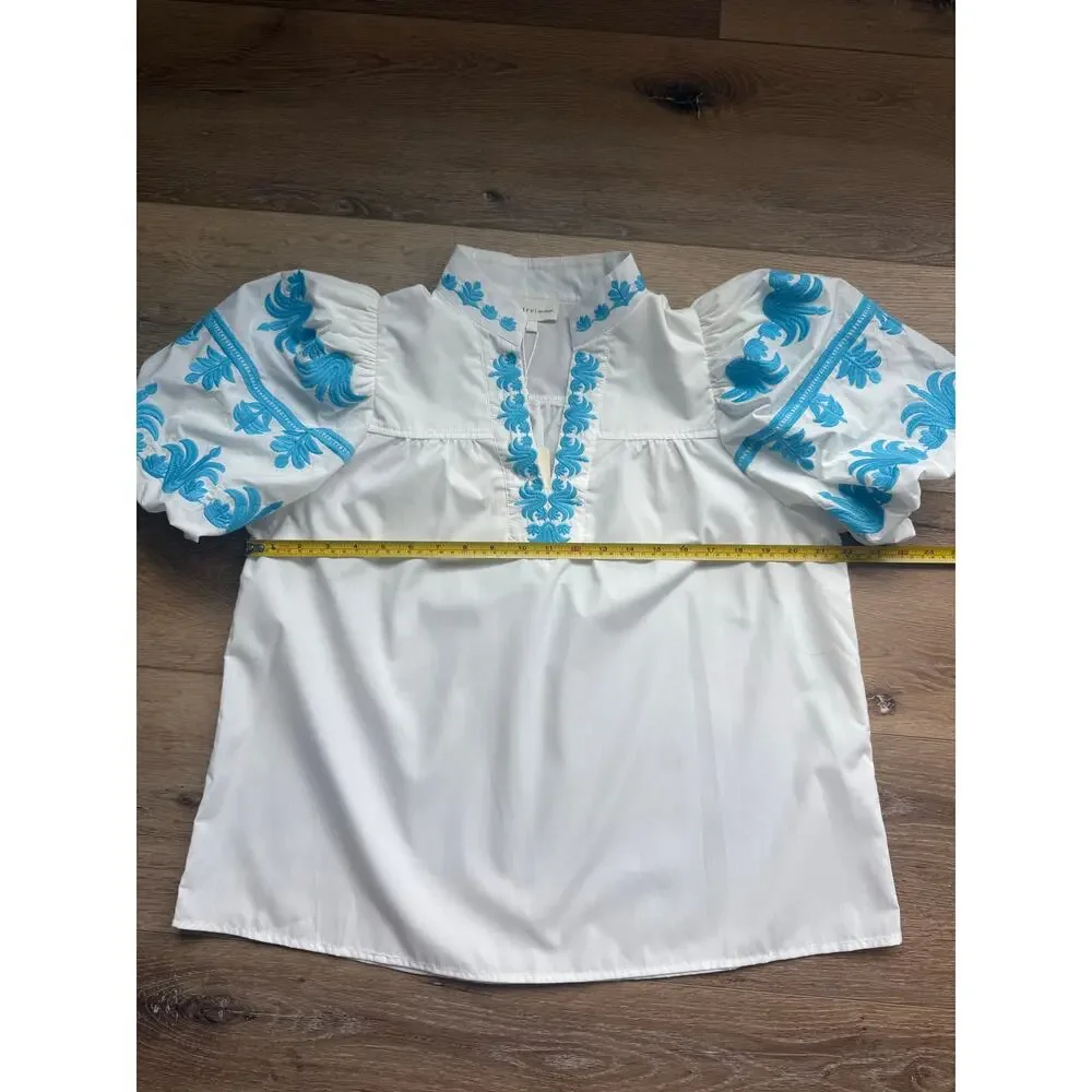 Entro NWT Off White Blue Embroidered Bubble Sleeve Blouse M